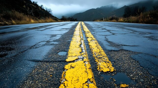 A long, damaged asphalt road stretches into a misty mountain range under a dark cloudy sky on a rainy day.