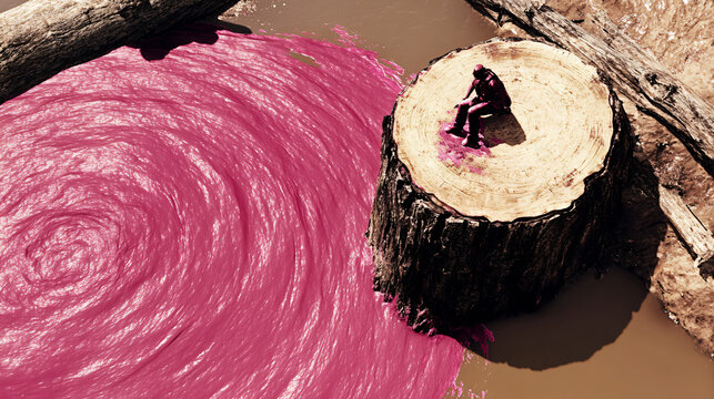 Captivating pink paint swirl on a tree representing masterful application of paint on a large natural canvas in a beautiful outdoor setting.