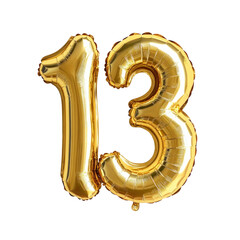 Shiny golden foil balloons shaped like the number 13, perfect for 13th birthday, anniversary celebrations, or festive decor isolated on transparent background