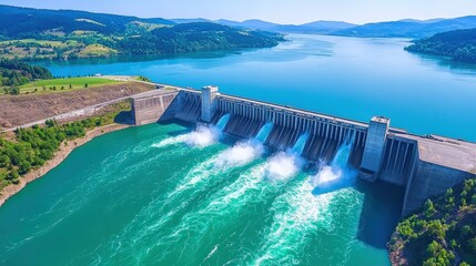 A stunning aerial view of a dam releasing water into a vibrant blue lake, surrounded by lush green landscapes and hills under a clear sky, Green Technology.