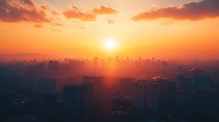 Fototapeta premium Golden Sunset Over Modern Cityscape, A Moment of Urban Tranquility