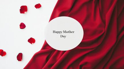Stylish handcrafted banner celebrating Mothers Day with elegant red satin fabric, rose petals, and warm bokeh lights