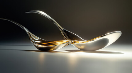 A high-detail still life photograph of viscous syrup elegantly flowing between two silver spoons, mid-pour moment frozen, minimal backdrop with subtle lighting gradients