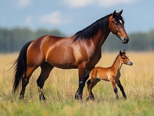 Obraz premium A beautiful brown mare and her adorable chestnut foal stand together in a sunny summer pasture field.