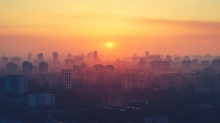 Fototapeta premium Golden Sunset Over Modern Cityscape, A Moment of Urban Tranquility