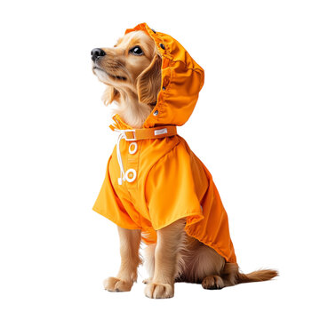 Adorable dog dressed in a bright yellow raincoat. pet supplies a waterproof dog raincoat with reflective strips, functional petwear, vibrant color, isolated on white background 