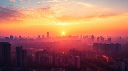 Golden Sunset Over Modern Cityscape, A Moment of Urban Tranquility