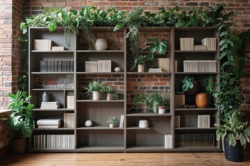 Fototapeta premium Stylish Modern Bookshelf with Foliage Against a Chic Brick Wall