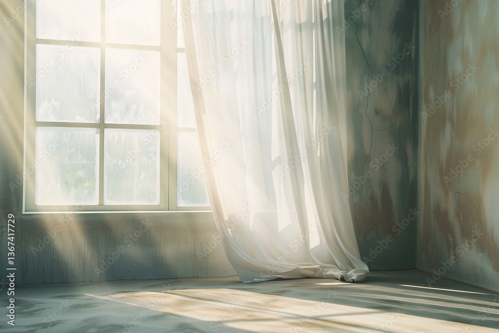 Aufkleber Sunlight shining through a window with sheer white curtains into an empty room