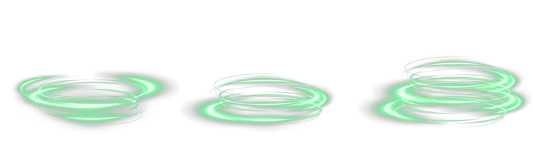 Fototapeta na wymiar Glowing green spiral vortex with sparkles, light rings, and swirling energy lines. Dynamic neon curve effect on transparent background. PNG for futuristic, power, or motion designs.