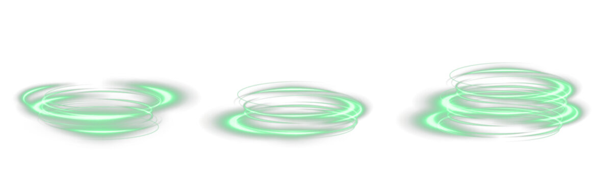 Glowing green spiral vortex with sparkles, light rings, and swirling energy lines. Dynamic neon curve effect on transparent background. PNG for futuristic, power, or motion designs.