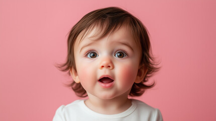 Toddler baby with a surprised expression, soft light on her face. Capturing innocence and wonder in a simple moment.