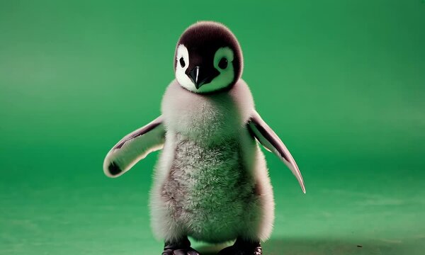 fluffy baby penguin standing upright with tiny wings slightly spread, calmly gazing forward, fully isolated on solid green background for editing