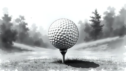 Monochrome Ink Illustration of a Golf Ball on a Tee, artistic concept 