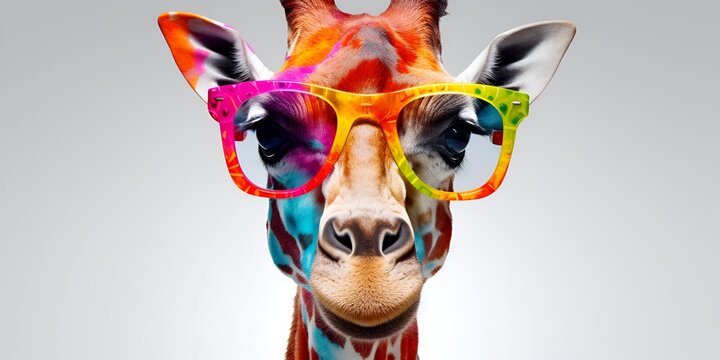 A colorful giraffe wearing vibrant glasses, set against a white background, captured in high-resolution photography. bokeh background
