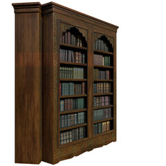 3D rendered antique wooden library with old books isolated on transparent background