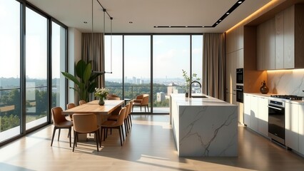 Fototapeta premium Modern Open-Plan Kitchen and Dining Area with Panoramic City Views and Sunlight Streaming Through Floor-to-Ceiling Windows