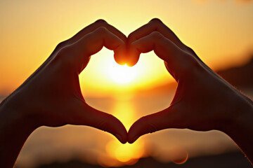 Obraz premium Two hands forming a heart shape against a glowing sunset, the silhouette capturing a romantic and warm atmosphere by the water