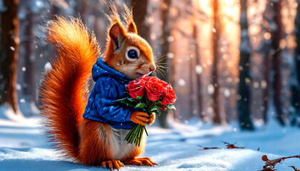 Squirrel with a bouquet of flowers