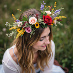 Naklejka premium A young woman with long brown hair sits in a field wearing a floral crown made of colorful roses and wildflowers, smiling softly and enjoying nature's beauty