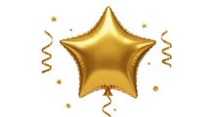 Isolated gold star balloon with confetti and ribbons