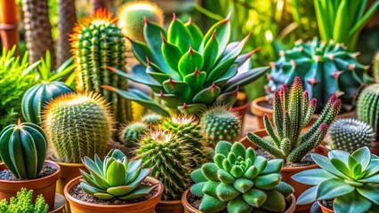Fototapeta premium Close-up of Indoor Plants: Cactus, Succulents, Dracaena Marginata & Ficus Elastica