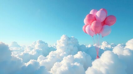 Fototapeta premium Pink and White Balloons Ascending Above a Sea of Clouds on a Sunny Day