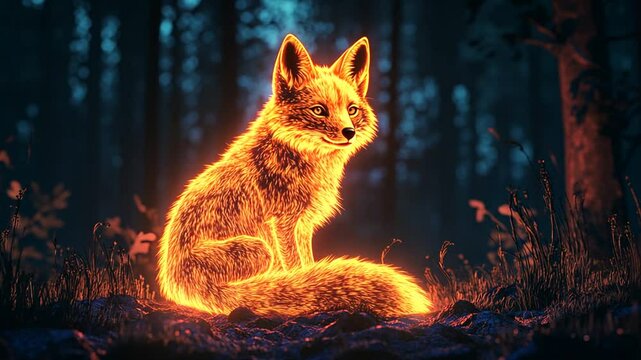 Mystical fox glows brightly amidst the tranquility of a dark forest setting