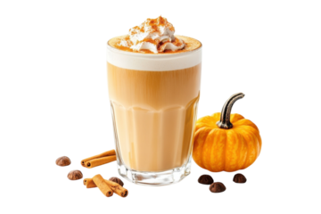Delightful pumpkin spice latte with whipped cream beside a small pumpkin and cinnamon sticks isolated on transparent background