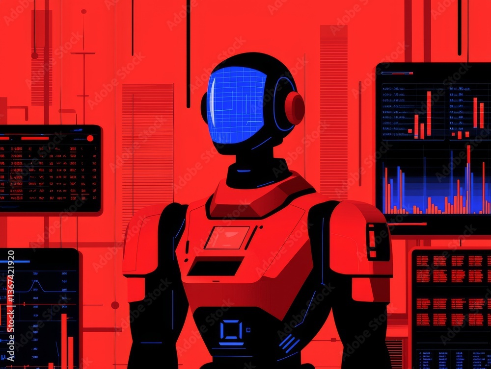 Aufkleber futuristic red robot analyzing data in a high-tech environment digital art abstract viewpoint