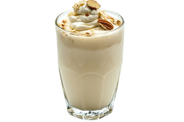 Deliciously creamy almond milkshake topped with whipped cream and nuts for a delightful treat isolated on transparent background
