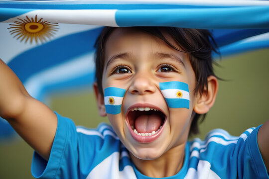 A joyful young boy with brown hair celebrates under an Argentine flag, showing enthusiasm for his team with face paint and a big smile