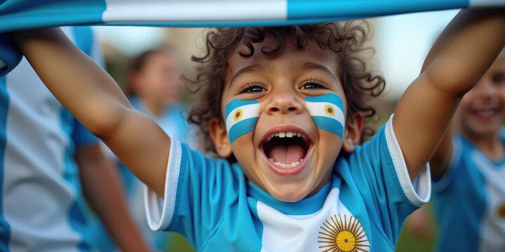 A joyful young boy of Hispanic descent celebrates with his arms raised, wearing a blue and white jersey with face paint in the colors of the Argentine flag