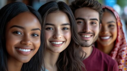Fototapeta premium Smiling faces from diverse cultures, warm and welcoming expressions, celebrating unity and connection.