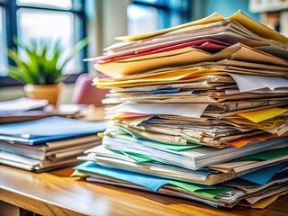 Close-up of Stacked Office Documents - Paperwork Overload Stock Photo