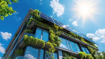 Fototapeta premium Sustainable building facade with solar panels and vertical garden. Lush greenery climbing the modern