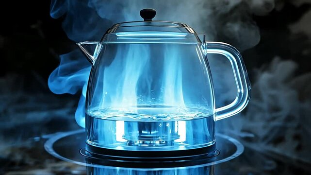 A captivating close-up of water boiling in a modern electric glass kettle with blue light