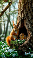 squirrel on a tree with a baby squirrel
