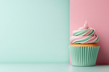 A delightful cupcake with swirls of pastel frosting sits gracefully against soft pastel hues