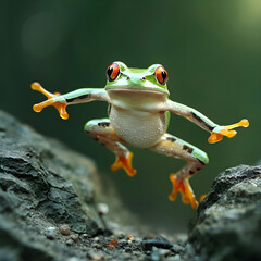 Vibrant Tree Frog Leaping Over Mossy Rocks in the Jungle