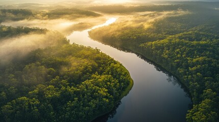 Serene Amazon River at Dawn, Aerial view of river cutting through jungle
