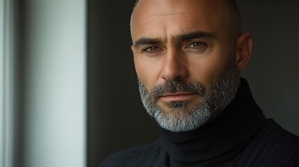 Obraz premium Confident man in futuristic attire, soft light enhancing his poised demeanor, embodying modern elegance and forward-thinking vision.