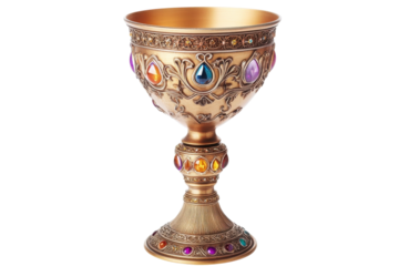 Intricately designed golden chalice embellished with colorful gemstones resting on a white surface isolated on transparent background