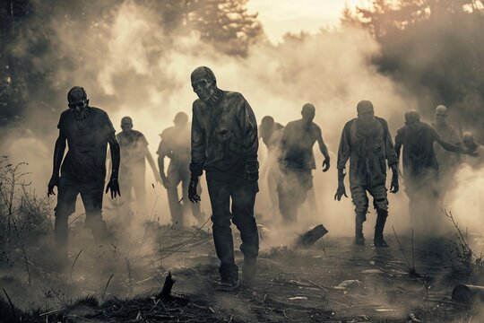 Swarm of reanimated zombies moves through a hazy, post-apocalyptic environment
