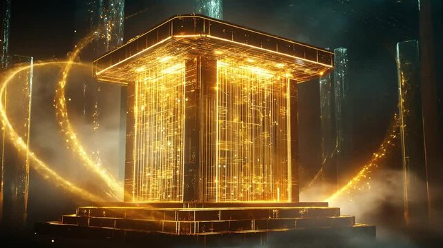 A futuristic rendering of a supercomputer glowing with digital lines and intricate details, surrounded by dark atmospheric lighting