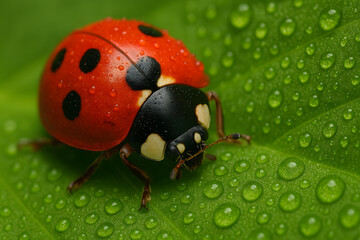 Ladybug on green leaf with water droplets in macro close-up view

