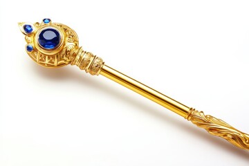 An ornate golden scepter adorned with blue gemstones, crafted with exquisite detail isolated on transparent background