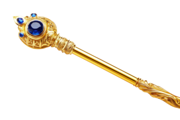 An ornate golden scepter adorned with blue gemstones, crafted with exquisite detail isolated on transparent background