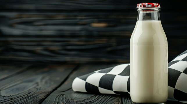 Glass bottle of milk on dark wooden table with checkered cloth