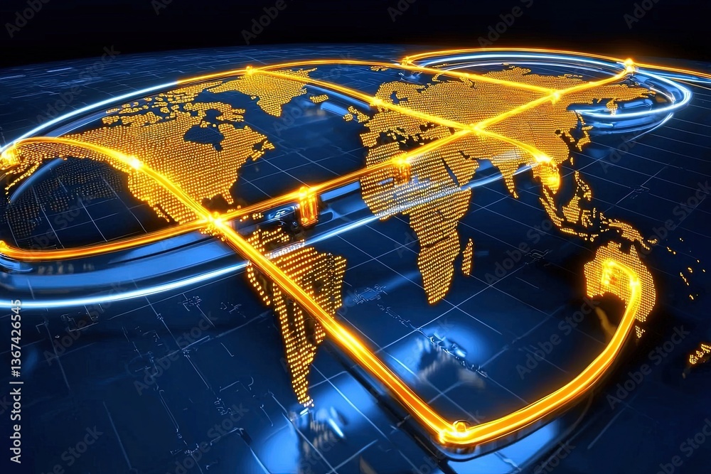 Poster futuristic digital world map with bright lines and dots representing global connectivity and data fl